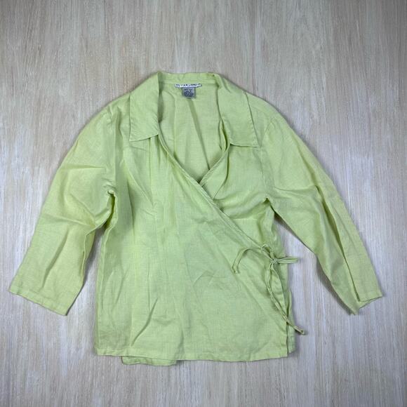 Jillian Jones 100% Linen Lime Green 3/4 Sleeve Wrap Shirt Casual Blouse Small - Picture 1 of 14